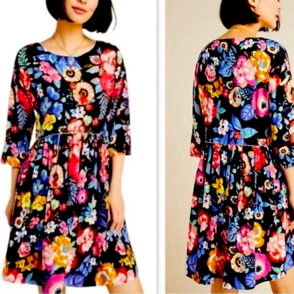 Maeve Floral Print Dress Women XS Multicolor Fit and‎ Flare 3/4 Sleeve Party